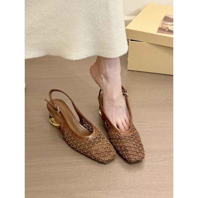 Square Toe Woven Toe Cap Slingback Sandals Women