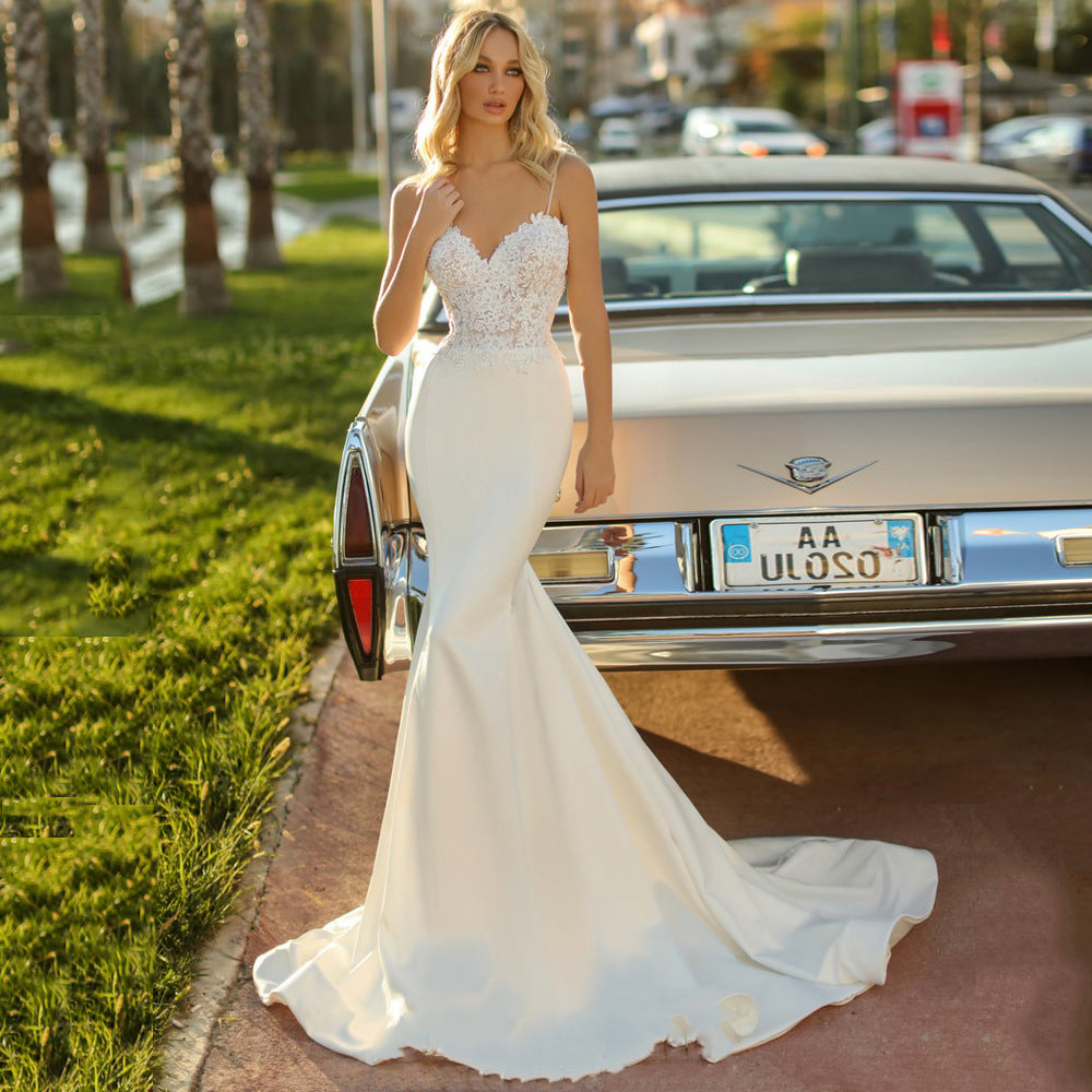 White Simple Trip Shoot Fishtail Bridal Tube Top Wedding Dress by Mirlaine Univers
