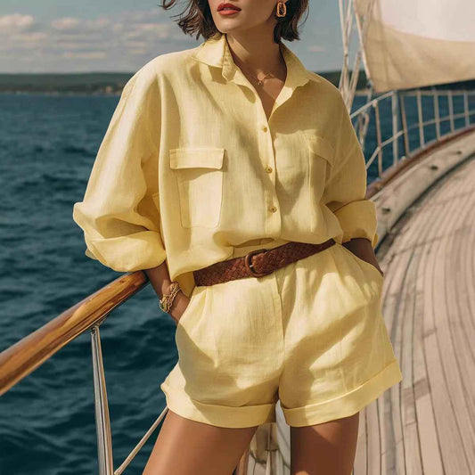 Cotton-linen Loose-fit Button-down Shirt And Shorts Fashion Casual Set