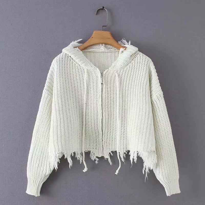 European And American Hooded Tassel Zipper Sweaters Coat