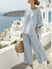 Summer Loose Casual All-Match V-Neck Ruffle-Sleeve Shirt Set