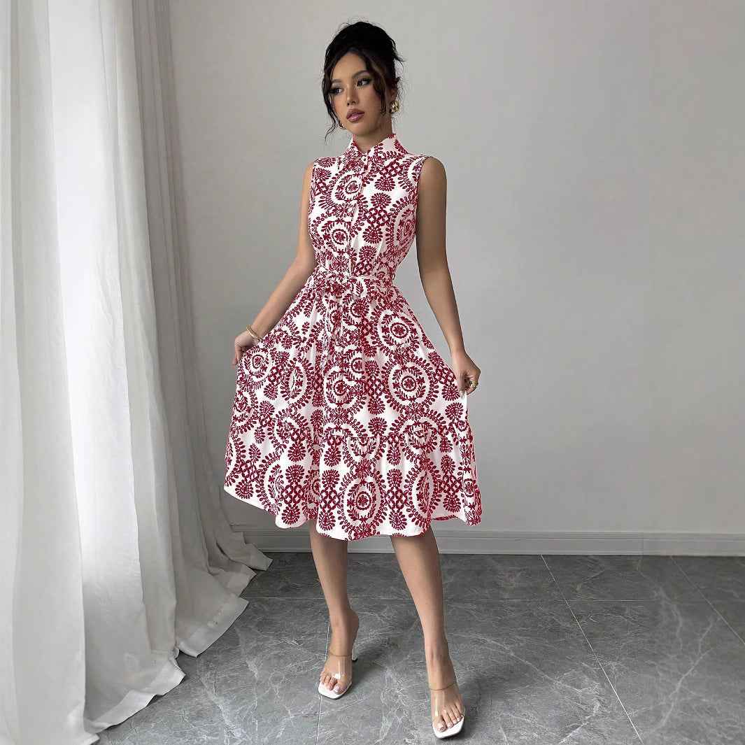 Stylish Printed Sleeveless Lace-Up Waist-Cinching Dress