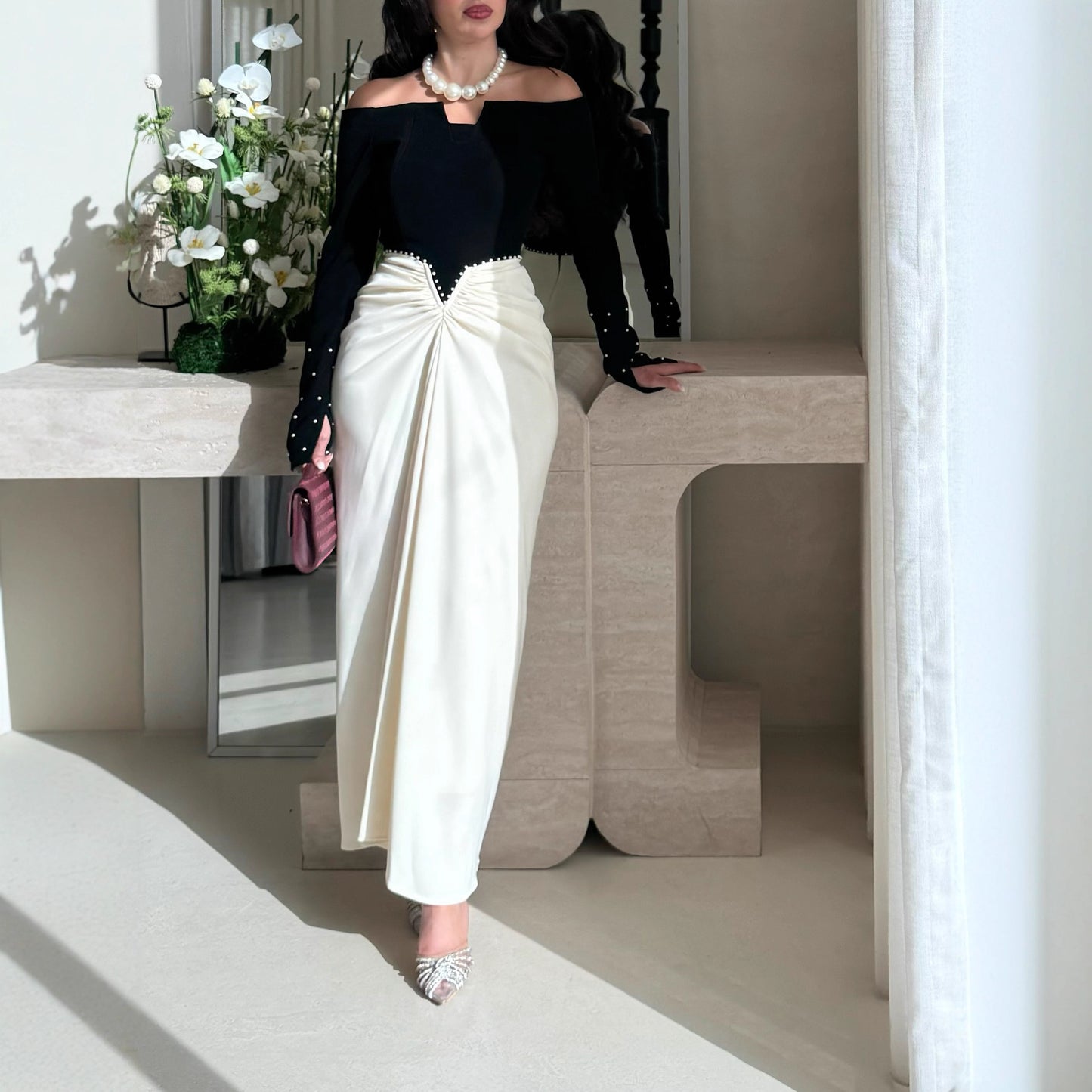 Elegant Sheath Dress With Color-blocking And Pearl Embellishments by Mirlaine Univers