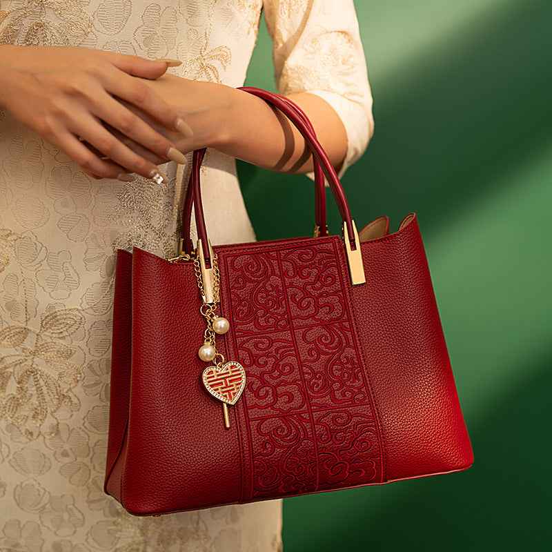 Embroidered Red High-Capacity Tote Bag
