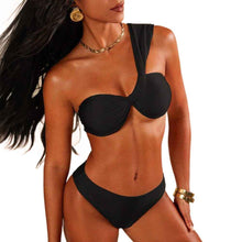 Women's Solid Color One-Shoulder Two-Piece Bikini Swimsuit Set