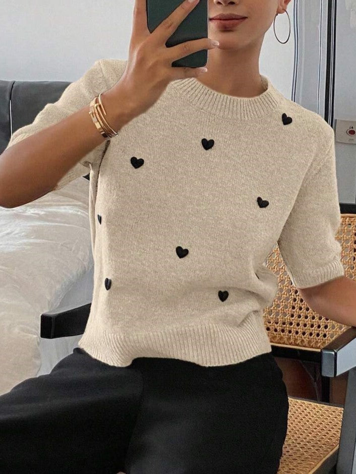 Womens Crew-Neck Pullover Heart Jacquard Knitted Sweater by Mirlaine Univers