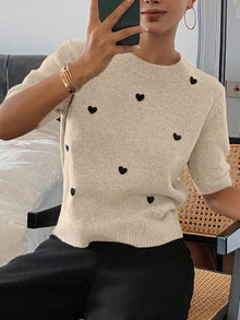 Womens Crew-Neck Pullover Heart Jacquard Knitted Sweater by Mirlaine Univers