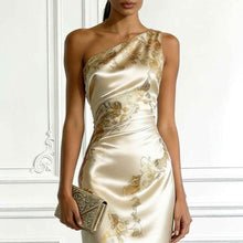 Golden Printed Off-Shoulder Slim-Fit Long Dress