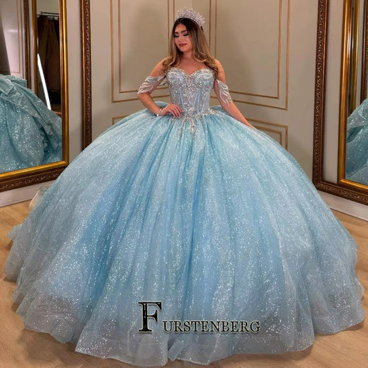 FURSTENBERG Shiny Quinceneara Dress Plus Size Bow Ruffles Off Shoulder Tassles Birthday Party Vestidos De 15 Anos Customized