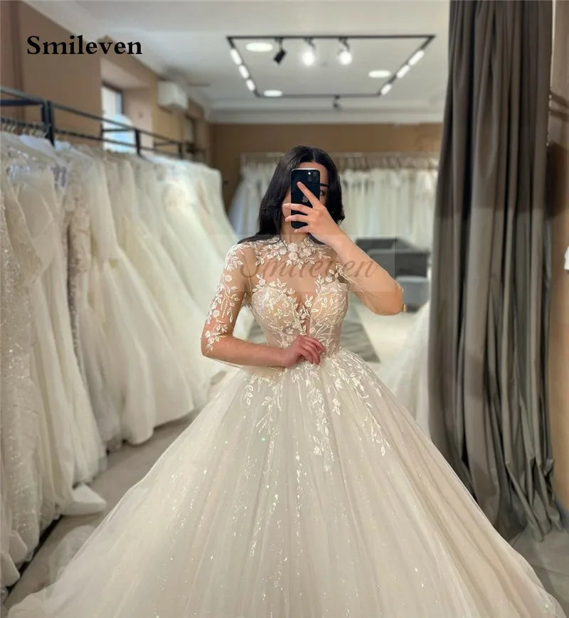 Smileven Long Sleeve Lace Wedding Dresses A Line High Neck Shiny Appliques Bridal Gowns Glitter Tulle vestidos de novia 2026