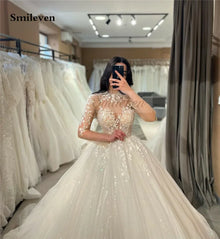 Smileven Long Sleeve Lace Wedding Dresses A Line High Neck Shiny Appliques Bridal Gowns Glitter Tulle vestidos de novia 2026