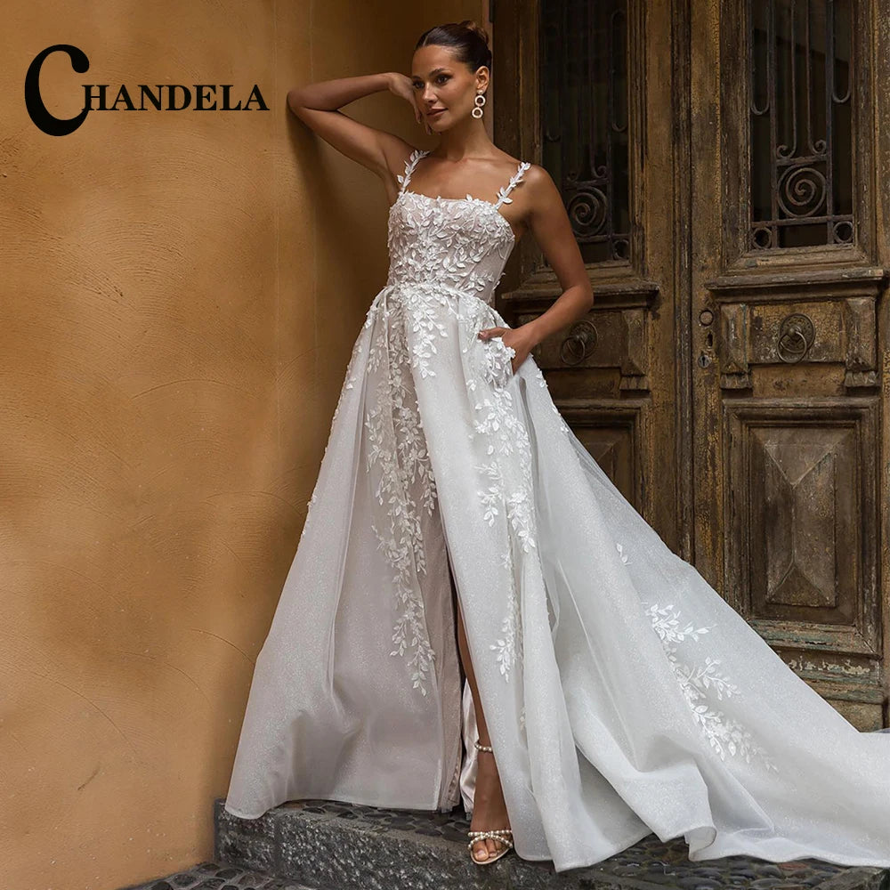 CHANDELA Trendy A-line Wedding Dress Bridal Sleeveless Tulle Lace Appliques Lacing up Brush Train Vestidos Para Mujer Customised