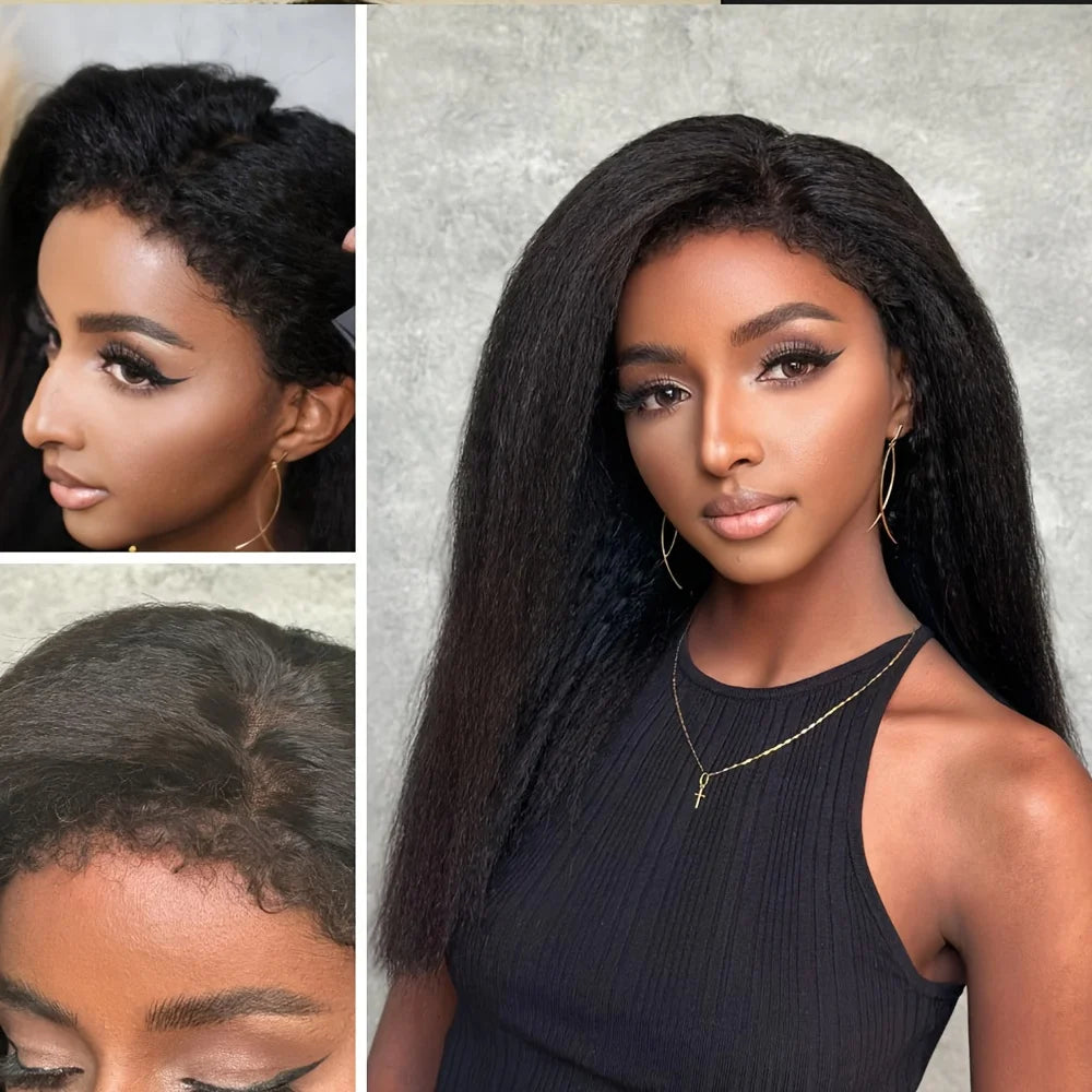 Kinky Straight hair wig, 5x5 glue free high-definition transparent lace front - glue free wig, natural appearance, 200% density