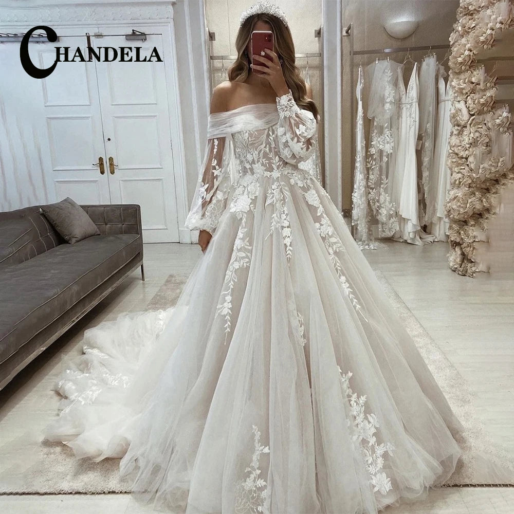 CHANDELA Trendy A-line Wedding Dress Bridal Sleeveless Tulle Lace Appliques Lacing up Brush Train Vestidos Para Mujer Customised