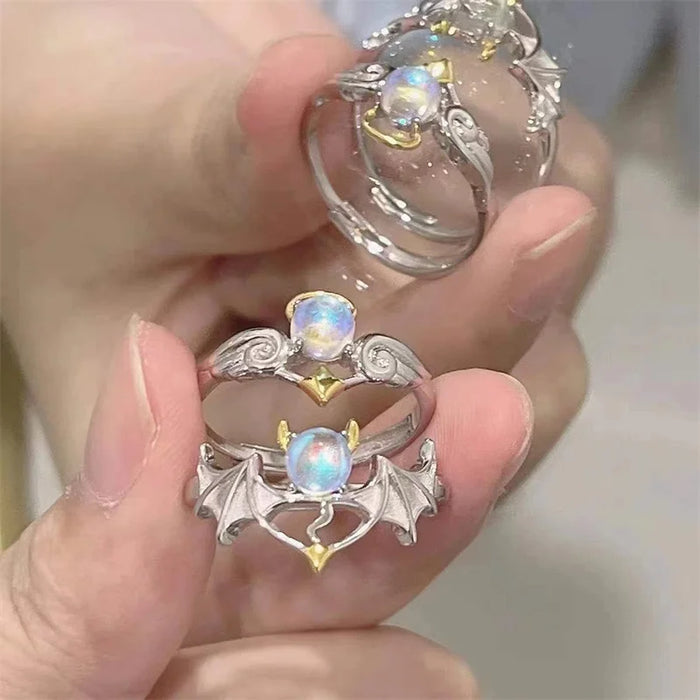 Bagues de couple romantiques ailes d'ange et de démon pour femmes, mode gothique, bague pour hommes à ouverture réglable avec pierre de lune, bijoux de fête