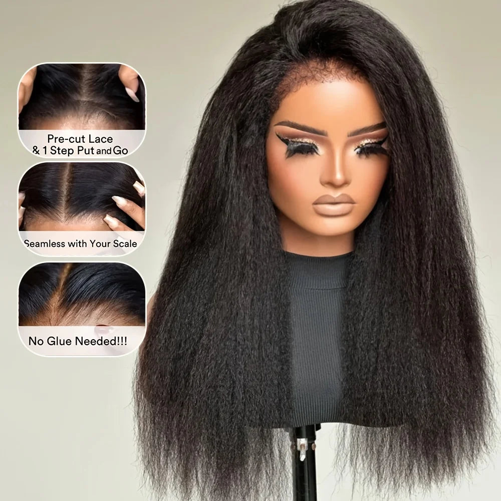 Kinky Straight hair wig, 5x5 glue free high-definition transparent lace front - glue free wig, natural appearance, 200% density