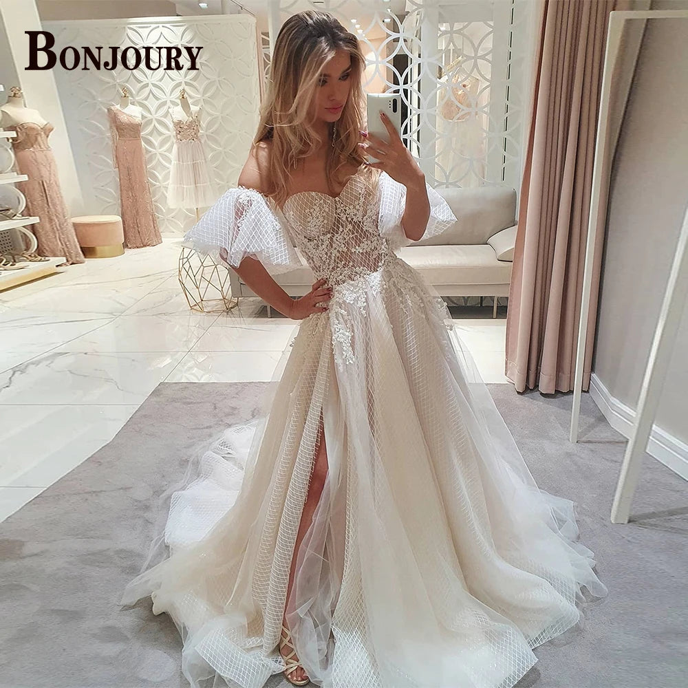 BONJOURY Simple V-neckline Wedding Dress for Woman Bride Satin Pockets Chapel Train Button Vestido De Casamento Drop Shipping