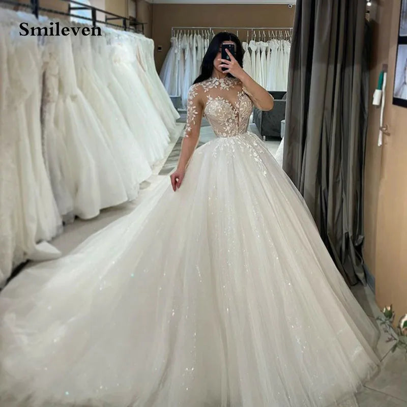 Smileven Long Sleeve Lace Wedding Dresses A Line High Neck Shiny Appliques Bridal Gowns Glitter Tulle vestidos de novia 2026
