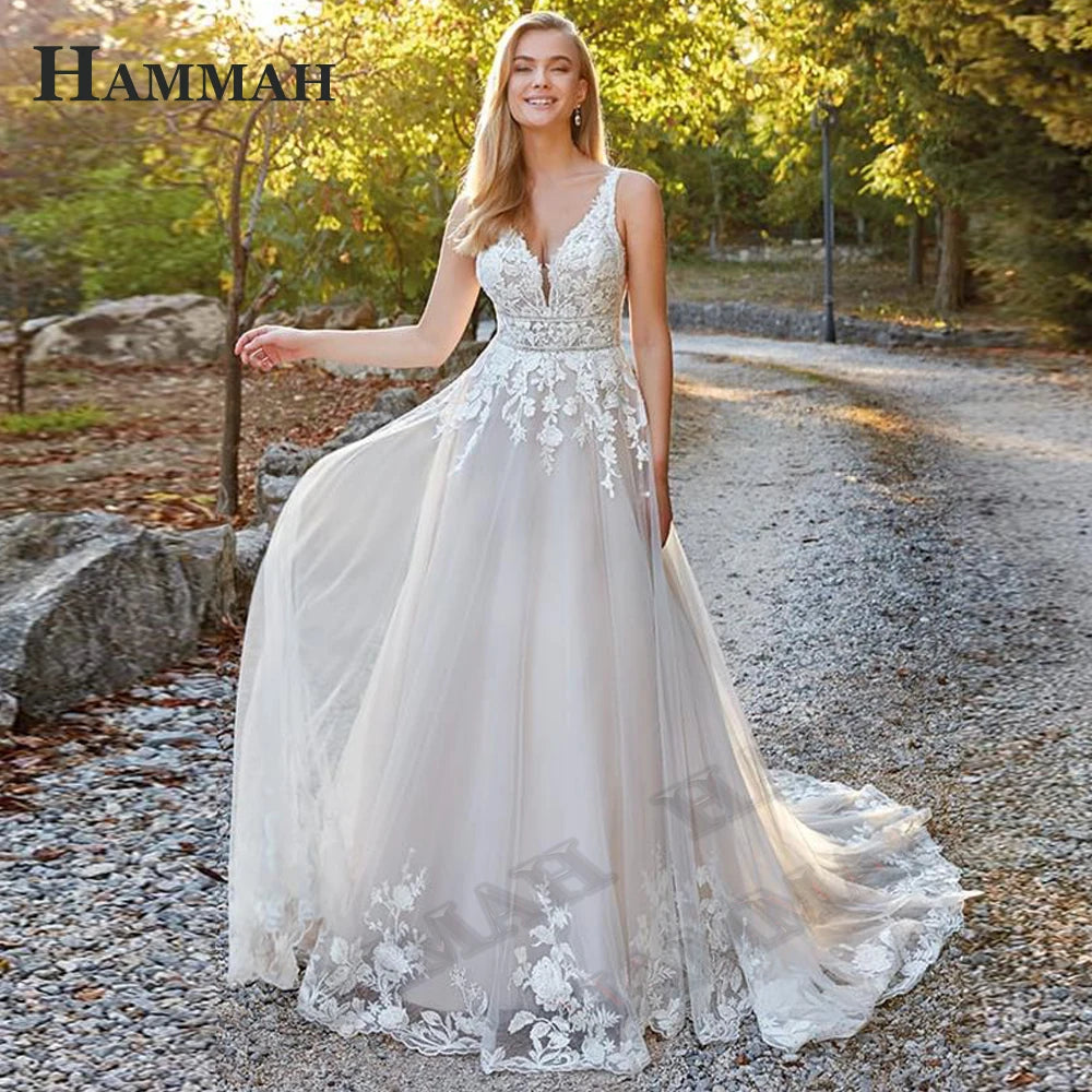 HAMMAH Elegant V Neck Wedding Dresses Mermaid Appliques Lace Spaghetti Strap Satin Court Train Robe De Mariee Customized