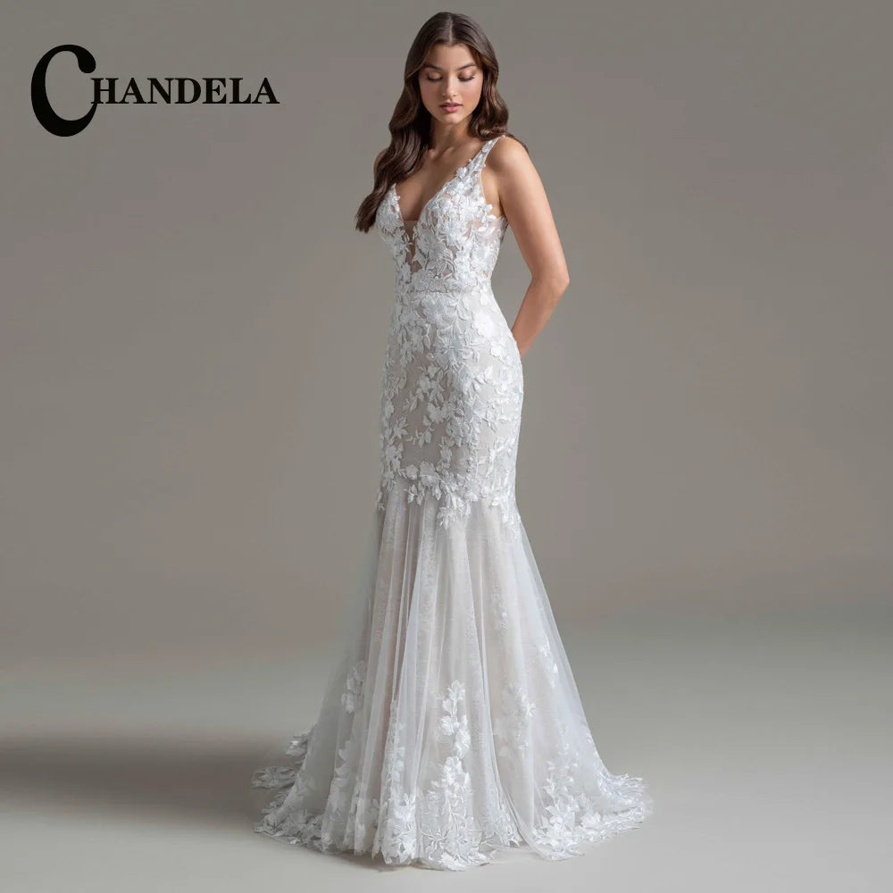 CHANDELA Trendy A-line Wedding Dress Bridal Sleeveless Tulle Lace Appliques Lacing up Brush Train Vestidos Para Mujer Customised