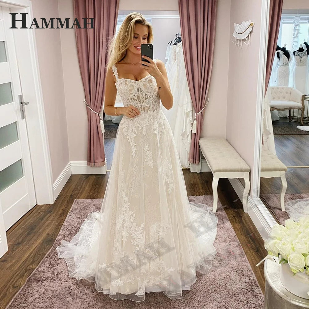 HAMMAH Elegant V Neck Wedding Dresses Mermaid Appliques Lace Spaghetti Strap Satin Court Train Robe De Mariee Customized