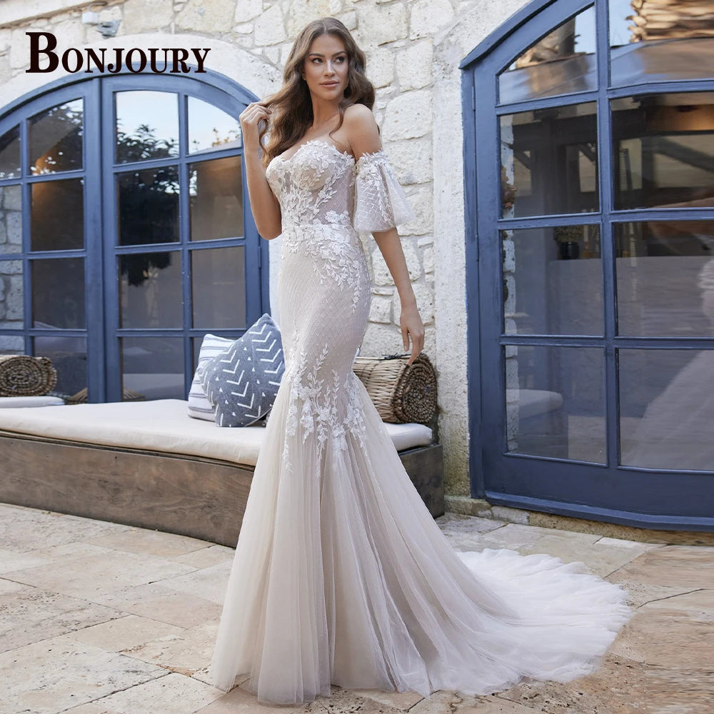 BONJOURY Simple V-neckline Wedding Dress for Woman Bride Satin Pockets Chapel Train Button Vestido De Casamento Drop Shipping