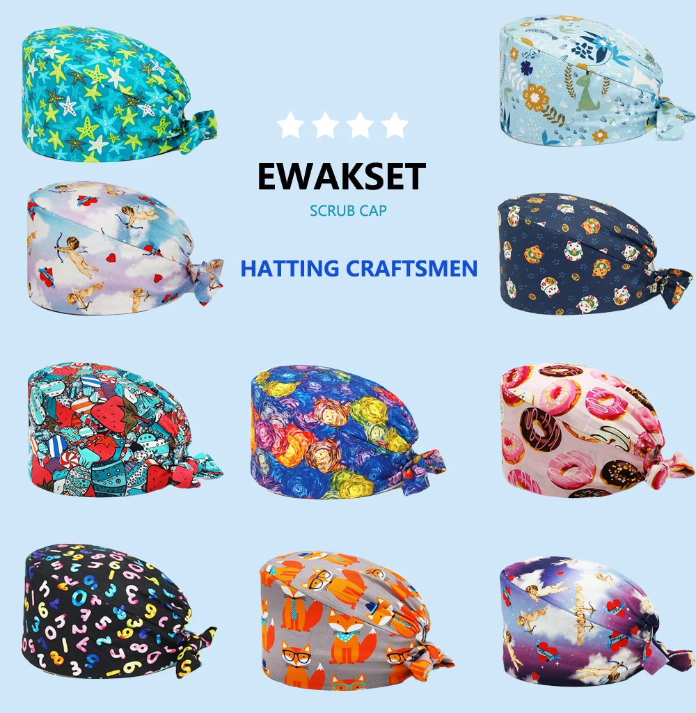 Unisex Surgical Cap Medical Working hat Animal printed Dental Beauty Salon Chef hats 100%Cotton Nurse Doctor Hospital Scrub Caps