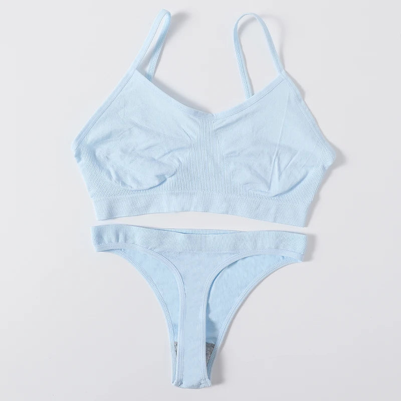 Women Seamless Bra And Panties Set Wire Free Bralette High Leg Cut Thongs Comfort Ribbed Unlined Ladies Sexy Lingerie Set