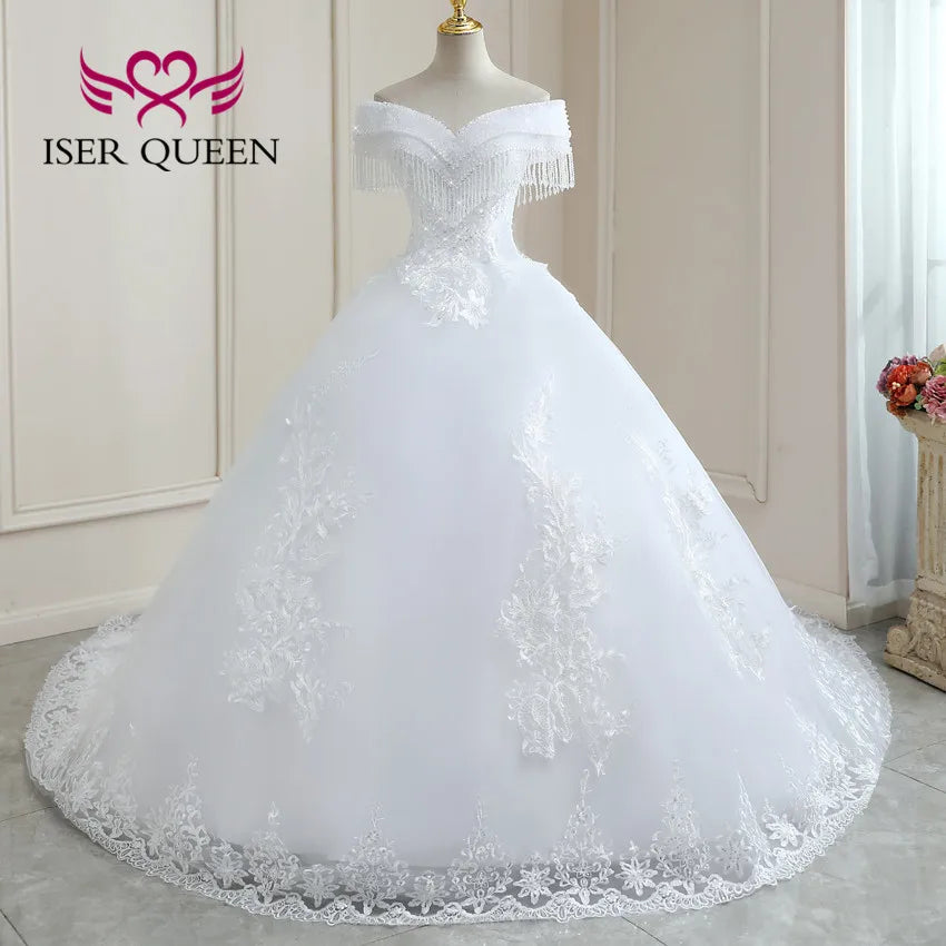 Customized Crystal Beaded Tassel Wedding Dress 2026 Ball Gown Pretty Lace Plus Size Europe Style Bride Dress For Woman WX0268