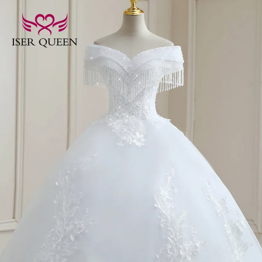 Customized Crystal Beaded Tassel Wedding Dress 2026 Ball Gown Pretty Lace Plus Size Europe Style Bride Dress For Woman WX0268