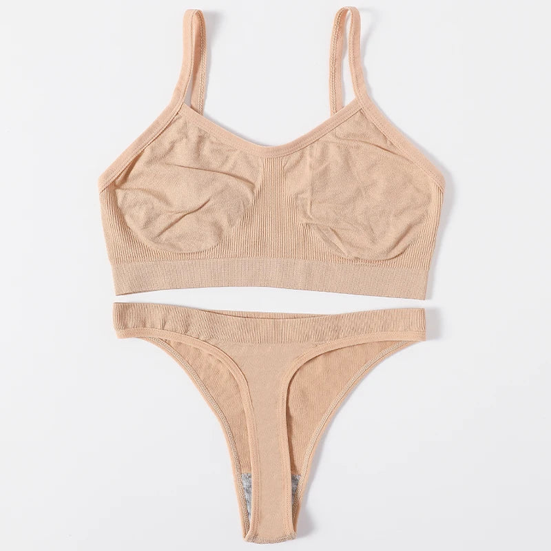 Women Seamless Bra And Panties Set Wire Free Bralette High Leg Cut Thongs Comfort Ribbed Unlined Ladies Sexy Lingerie Set