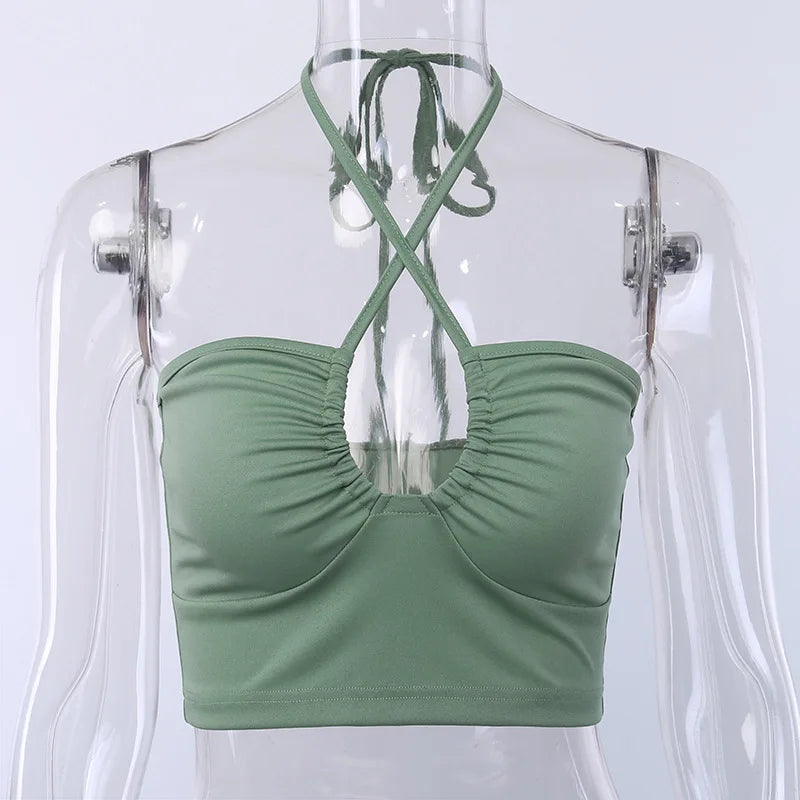 Sexy Solid Lace Up Bow Halter Ruched Crop Top Fashion Sleeveless Backless Tube Tops Female Streetwear Tops New Women