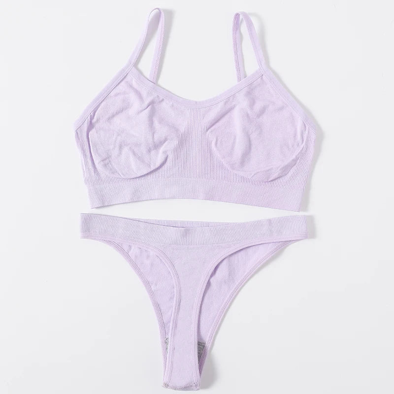 Women Seamless Bra And Panties Set Wire Free Bralette High Leg Cut Thongs Comfort Ribbed Unlined Ladies Sexy Lingerie Set
