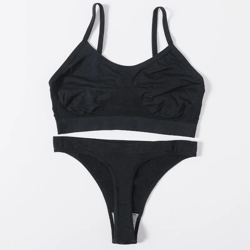 Women Seamless Bra And Panties Set Wire Free Bralette High Leg Cut Thongs Comfort Ribbed Unlined Ladies Sexy Lingerie Set