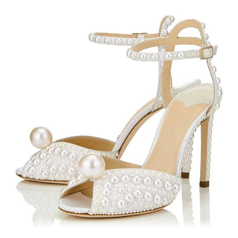 Handmade Customized Pearl Sandals Designer High Quality Fashion Wedding Dress Shoes Ladies Heels