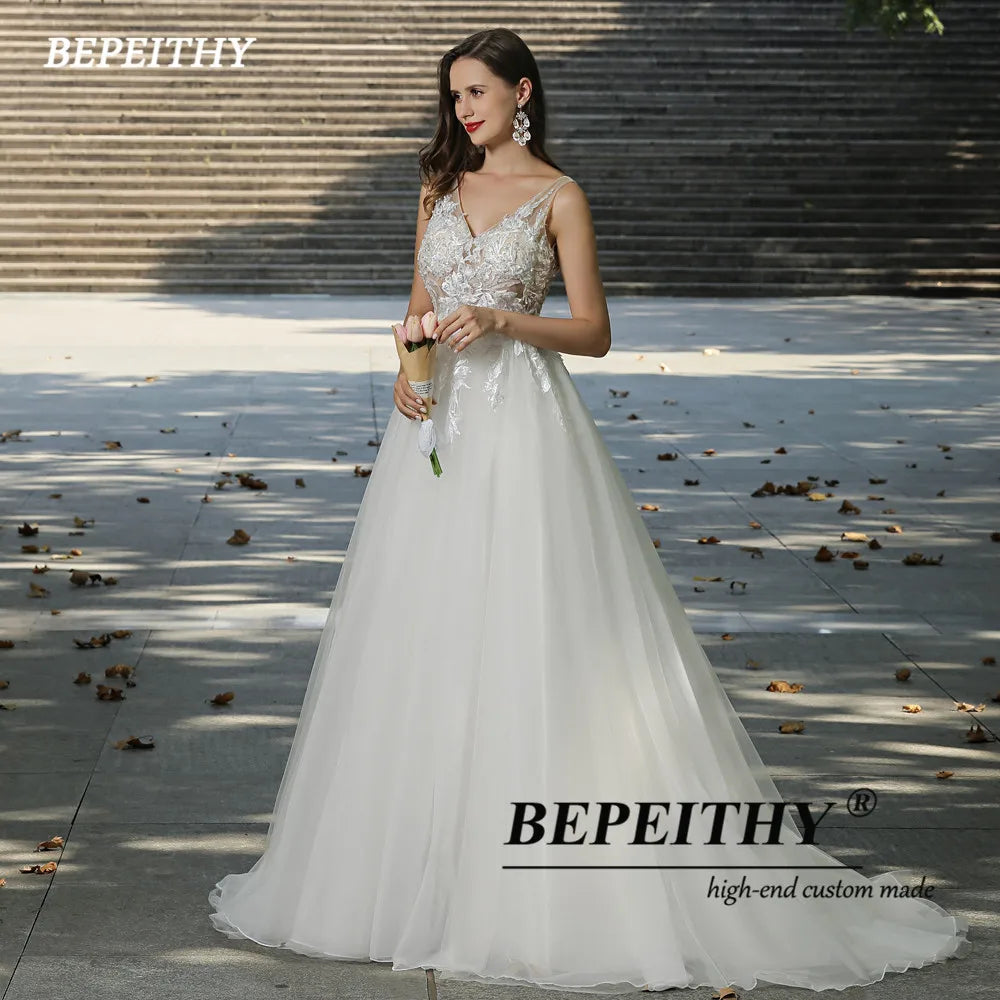 BEPEITHY Customized Boho Ivory A Line Lace Wedding Dresses For Bride Women 2023 Floor Length Sexy Garden White Bridal Gown New