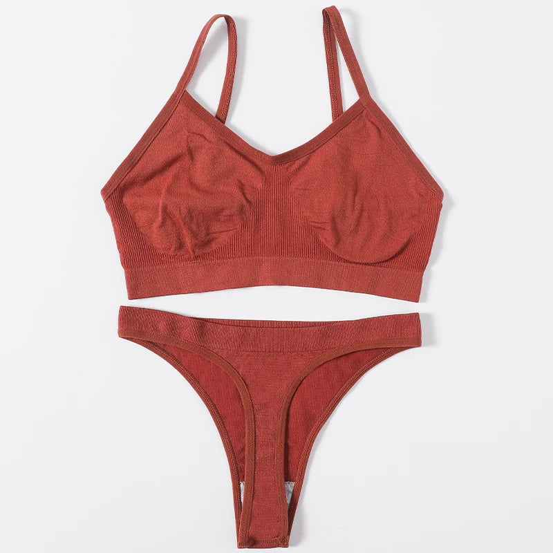 Women Seamless Bra And Panties Set Wire Free Bralette High Leg Cut Thongs Comfort Ribbed Unlined Ladies Sexy Lingerie Set