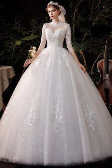 High Neck Wedding Dress 2024 Luxury Three Quarter Sleeve Lace Up Ball Gown Vestido De Noiva Plus Size Customized