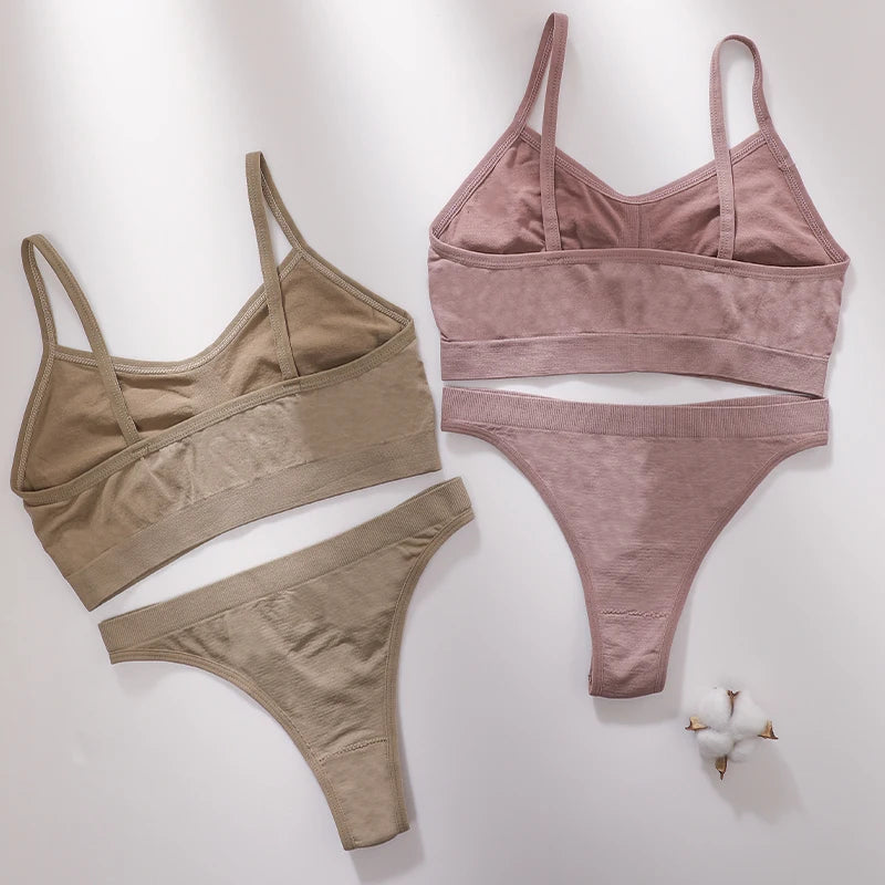 Women Seamless Bra And Panties Set Wire Free Bralette High Leg Cut Thongs Comfort Ribbed Unlined Ladies Sexy Lingerie Set