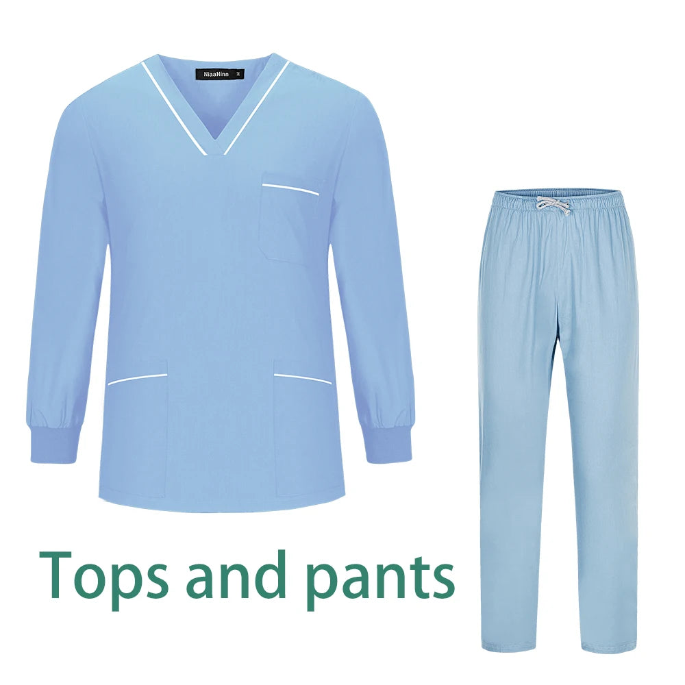 Solid Color Long Sleeve Suit Unisex Lab Spa Nursing Workwear Slim Medical Scrub Uniform Nurse Doctor Surgical Gown Wholesale