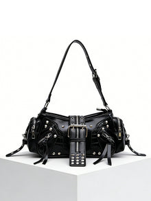 European and American Fashion Personality in Rivet Tassel Spicy Girl Motorcycle Retro Versatile Commuter Underarm Handbag Shoulder Crossbody Bag