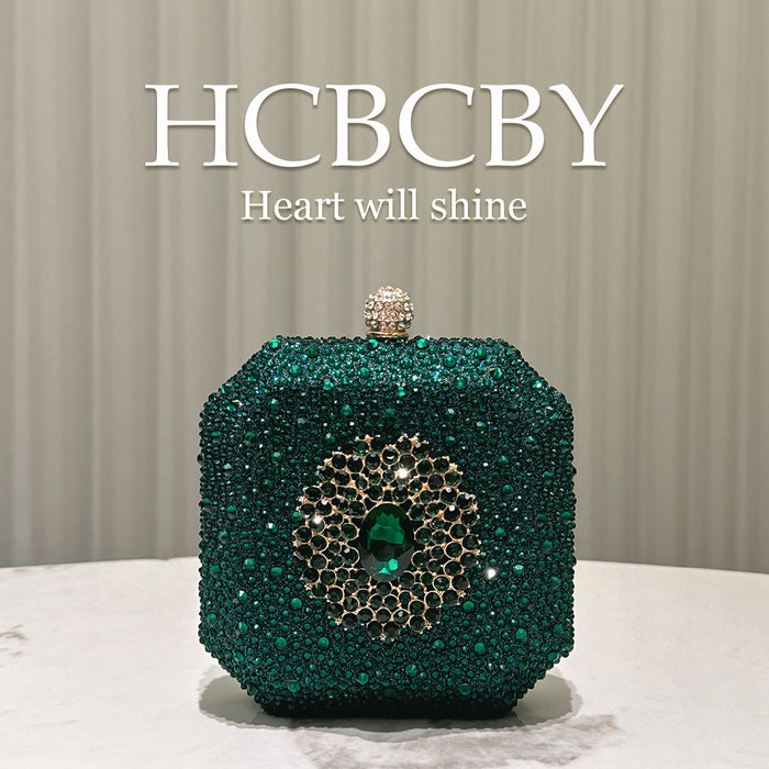 Dark Green Shiny Rhinestone High-grade Diamond Buckle Decorative Small Handbag Women's Fashionable Personalized Mini Box Evening Bag