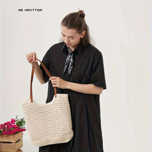 New Shoulder Straw Woven Bag Women's Cotton Threads Hand Woven Bag Large Capacity Tote Bag Holiday Style Beach Bag Women's Bag