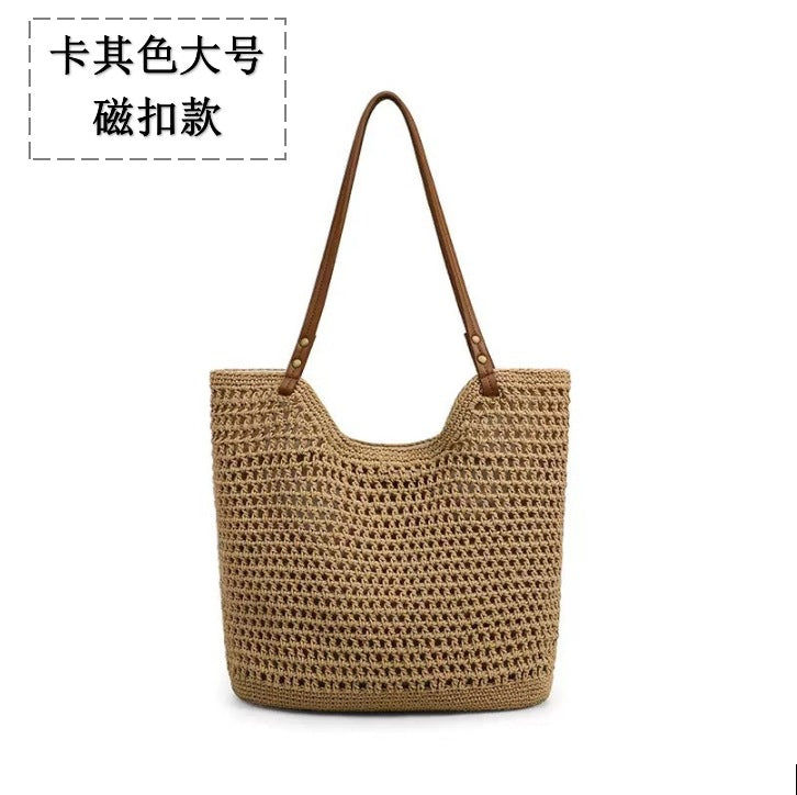 New Shoulder Straw Woven Bag Women's Cotton Threads Hand Woven Bag Large Capacity Tote Bag Holiday Style Beach Bag Women's Bag