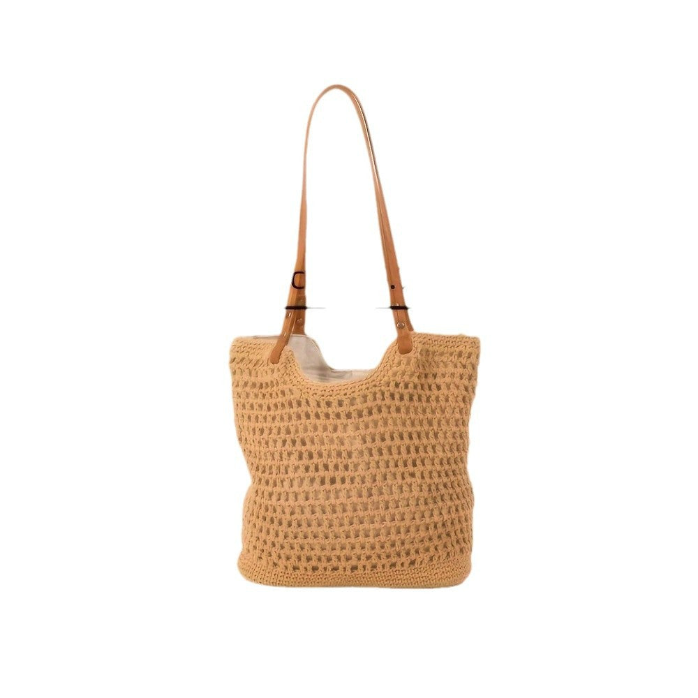 New Shoulder Straw Woven Bag Women's Cotton Threads Hand Woven Bag Large Capacity Tote Bag Holiday Style Beach Bag Women's Bag