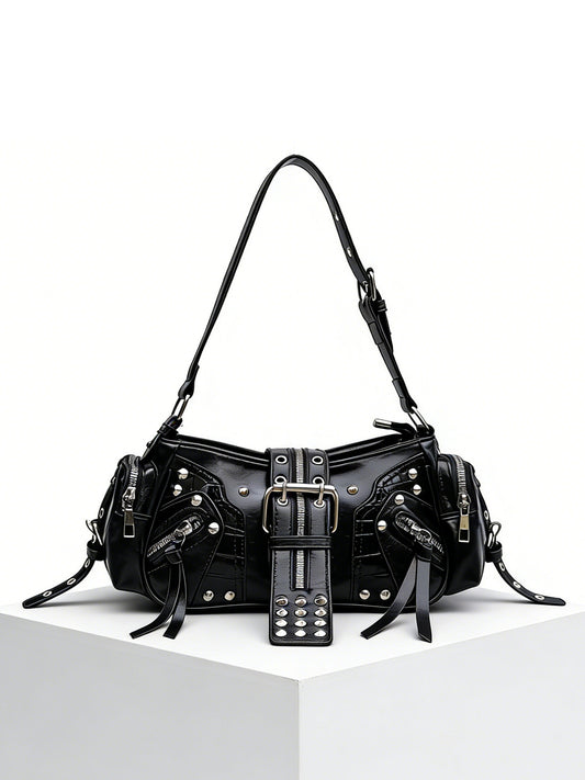 European and American Fashion Personality in Rivet Tassel Spicy Girl Motorcycle Retro Versatile Commuter Underarm Handbag Shoulder Crossbody Bag