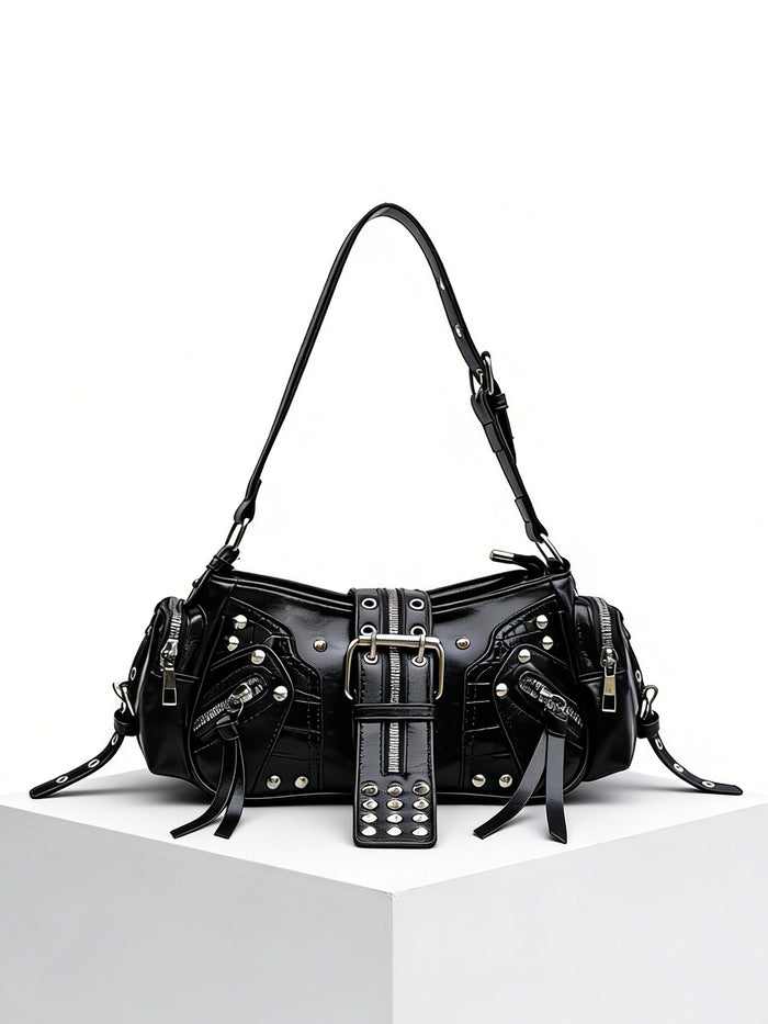 European and American Fashion Personality in Rivet Tassel Spicy Girl Motorcycle Retro Versatile Commuter Underarm Handbag Shoulder Crossbody Bag