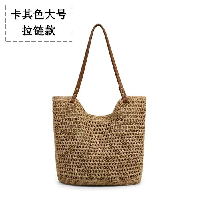 New Shoulder Straw Woven Bag Women's Cotton Threads Hand Woven Bag Large Capacity Tote Bag Holiday Style Beach Bag Women's Bag