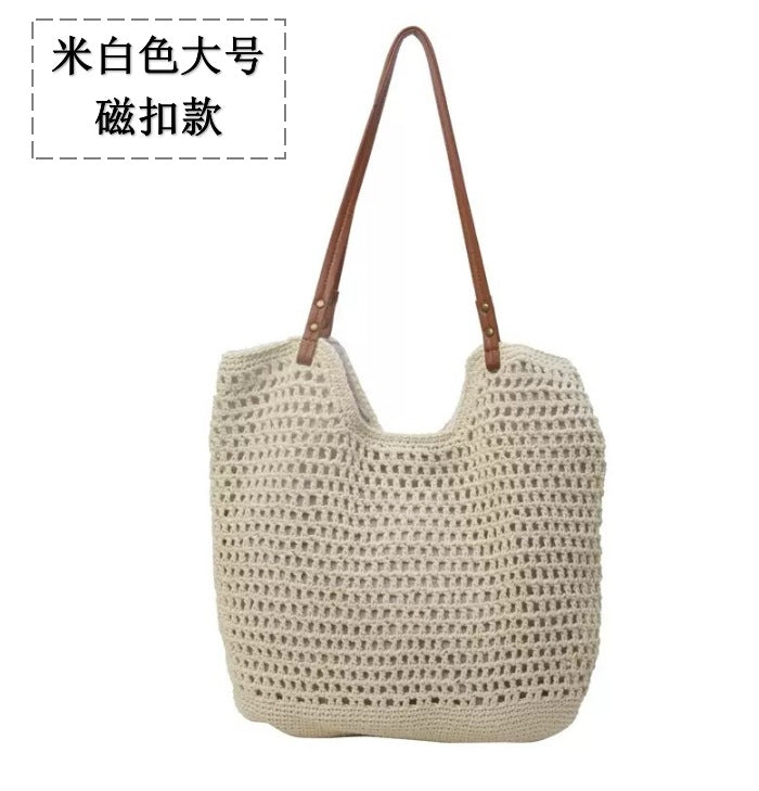New Shoulder Straw Woven Bag Women's Cotton Threads Hand Woven Bag Large Capacity Tote Bag Holiday Style Beach Bag Women's Bag