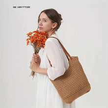 New Shoulder Straw Woven Bag Women's Cotton Threads Hand Woven Bag Large Capacity Tote Bag Holiday Style Beach Bag Women's Bag